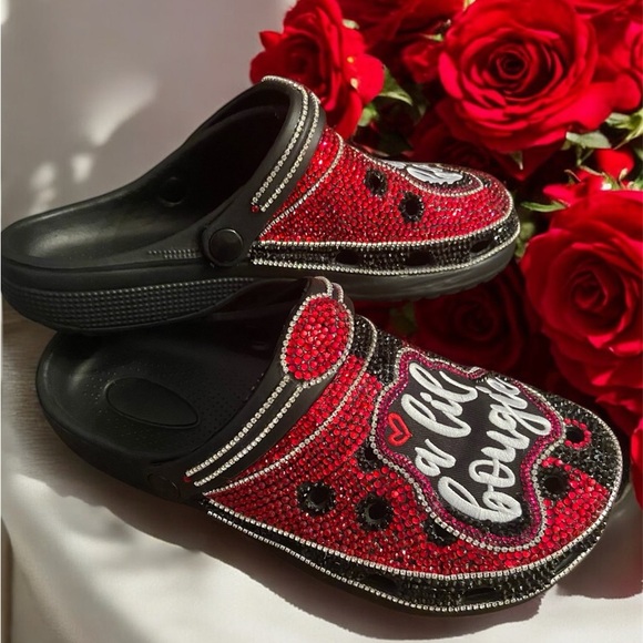 Black and Red Rhinestone Mules with Lil Bougie Design - Picture 2 of 3